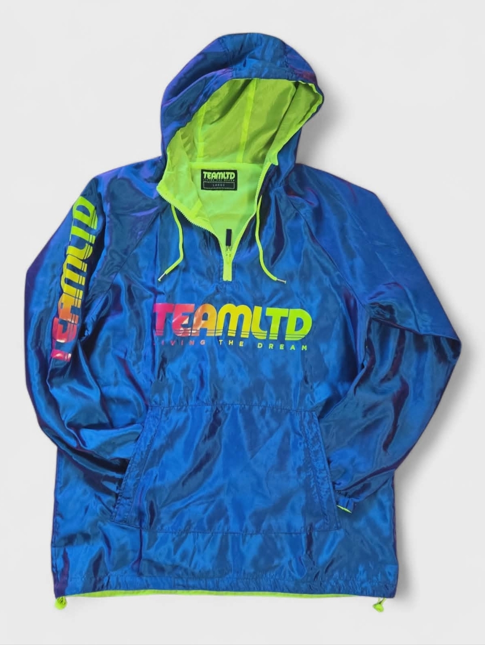 TEAMLTD Blue Iridescent Windbreaker Hooded Jacket Neon Lined Half Zip 90s Retro
